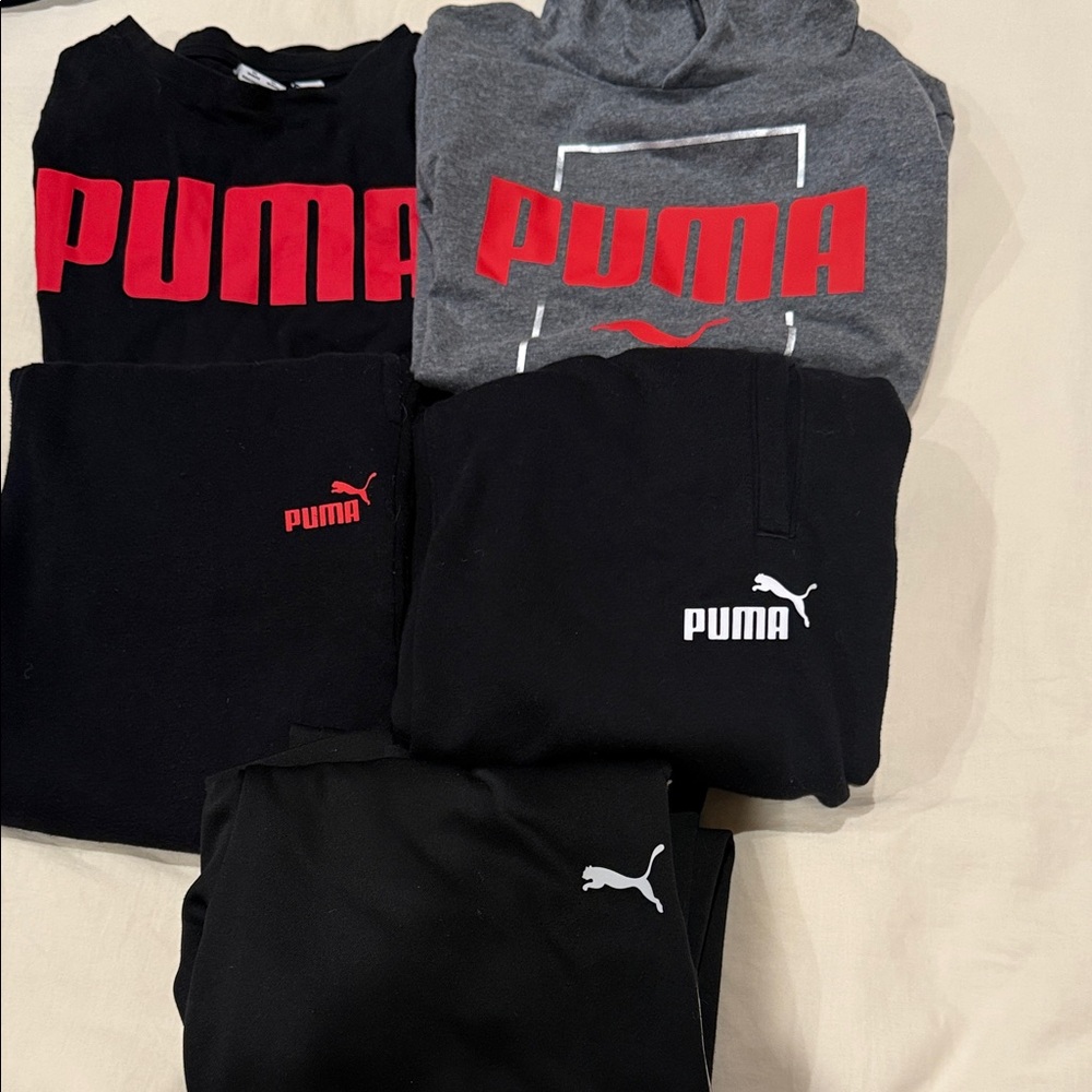 PUMA boys 10/12 Black sweatpants (3),one T-shirt, and one long sleeve. 5 for $20